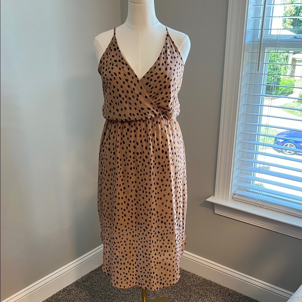 Le Lis Brown Tan Wrap Front Midi Dress with Navy Polka Dot Design